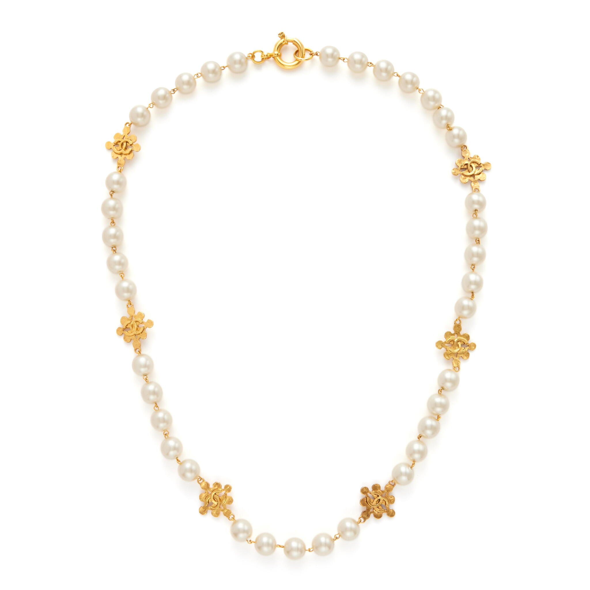 Imitation Pearl and Gold Metal CC Necklace, 1994 — view 1