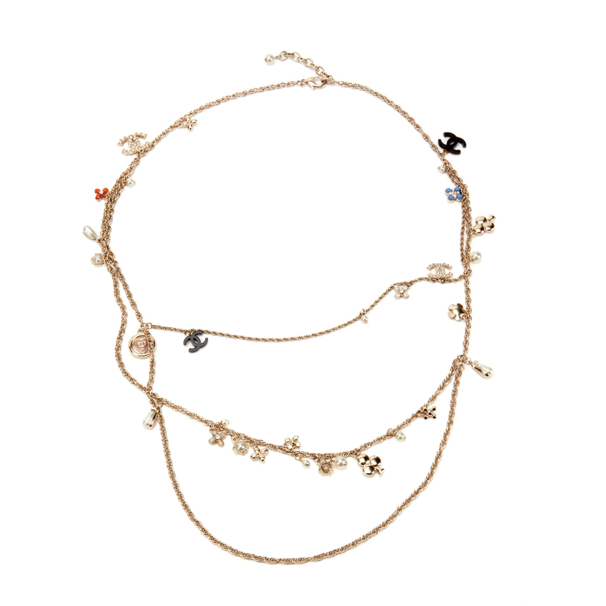 Multicolor Glass, Imitation Pearl, Strass and Pale Gold Metal Charm Necklace, 2019 — view 1