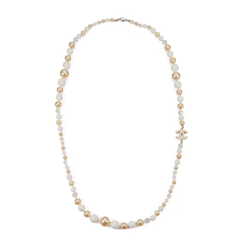 White, Beige, and Silver Imitation Pearl, Crystal, and Metal Long Strand CC Necklace, 2003