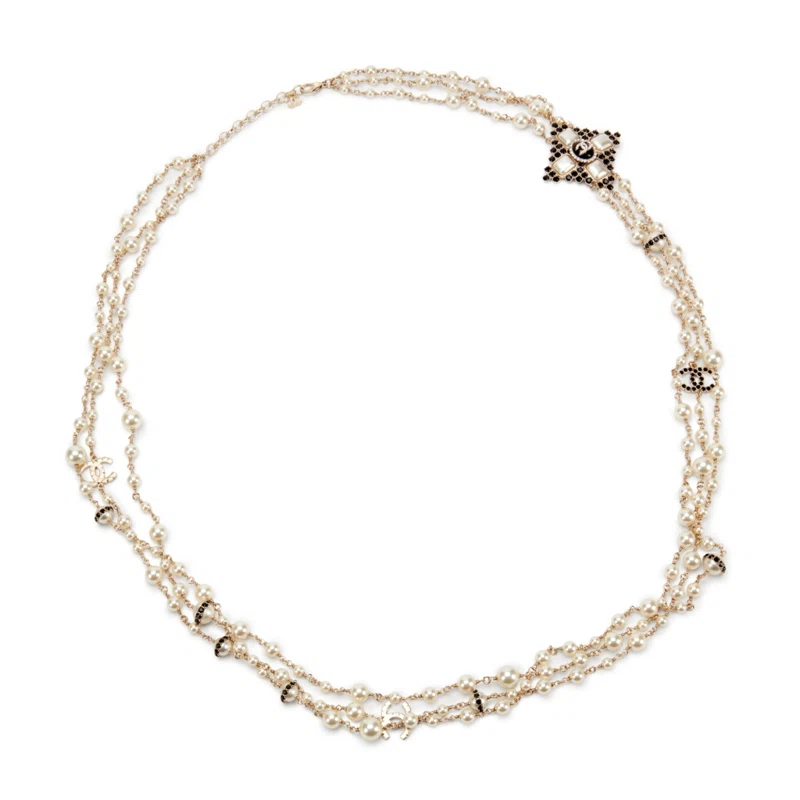 White Imitation Pearl, Black Strass and Pale Gold Metal CC Necklace, 2020