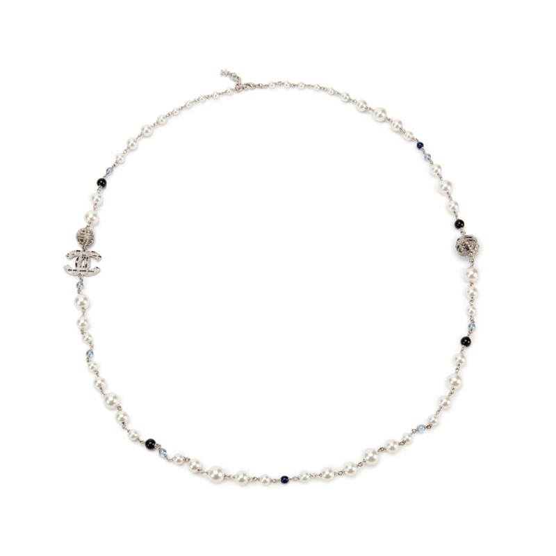 White Imitation Pearl, Blue Glass, Strass and Silver Metal CC Necklace, 2019