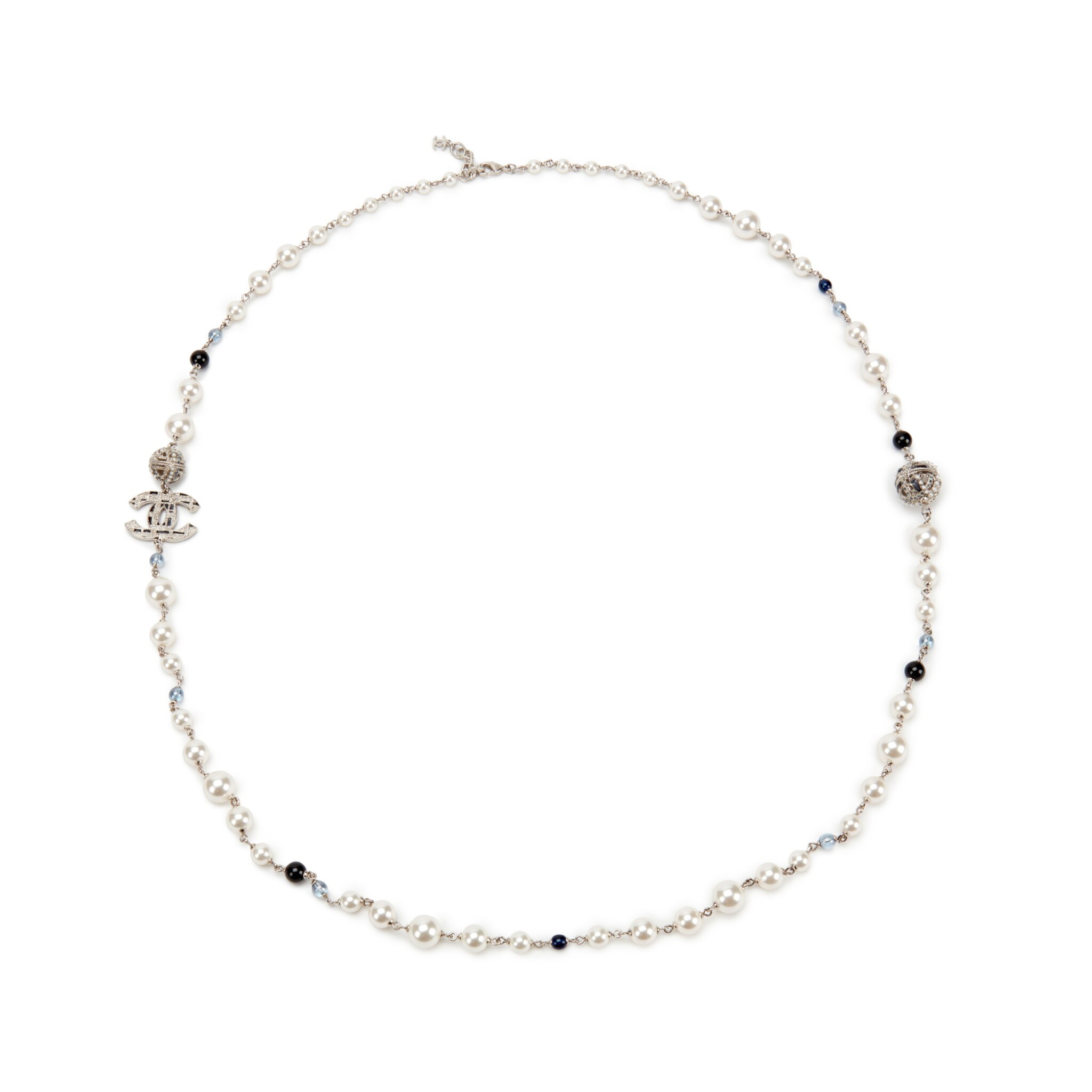 White Imitation Pearl, Blue Glass, Strass and Silver Metal CC Necklace, 2019 — view 1