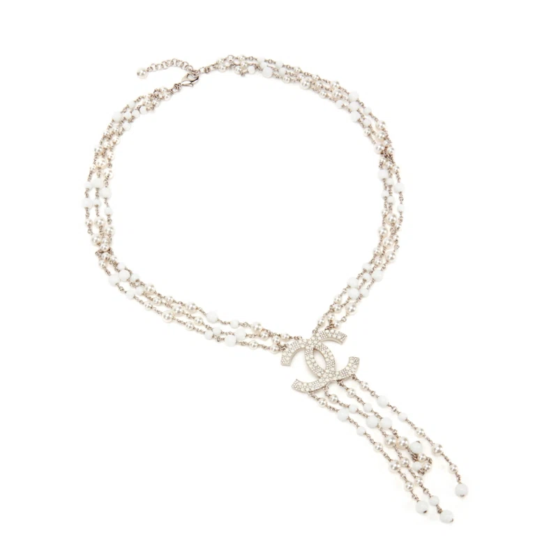 White Imitation Pearl, Glass and Strass CC Necklace, 2019