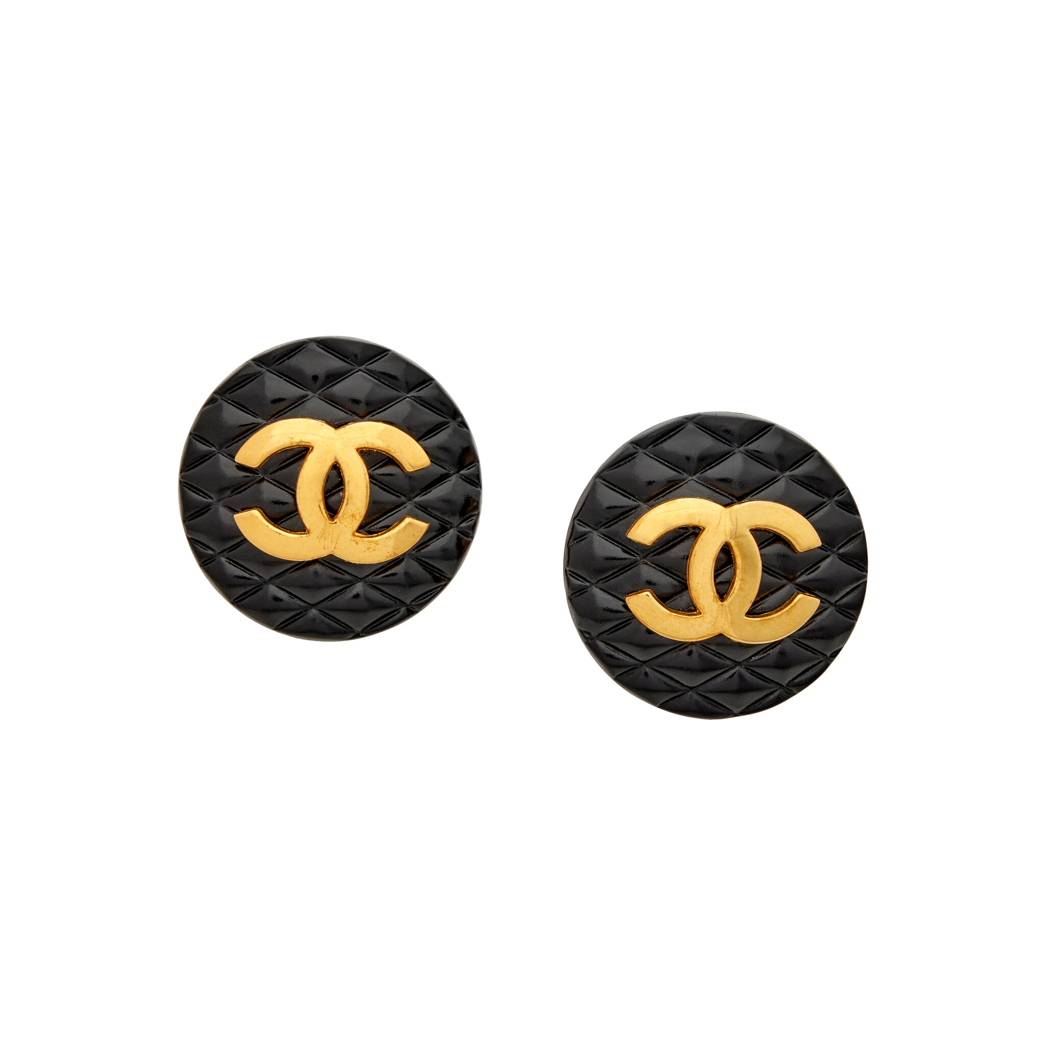 Black Quilted Acrylic and Gold Metal CC Earrings, 1984 — view 1