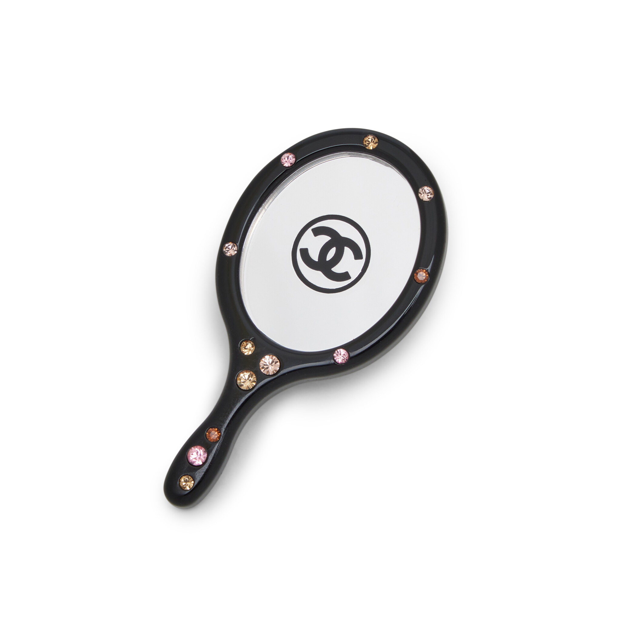 Black Tortoiseshell and Multicolor Rhinestone Miniature Cosmetic Mirror Brooch, 2004 — view 1