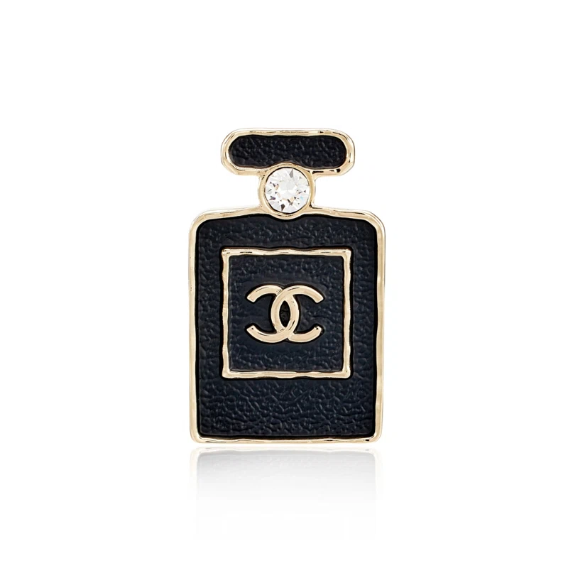 Crystal, Black Leather and Pale Gold Metal CC Perfume Bottle Brooch