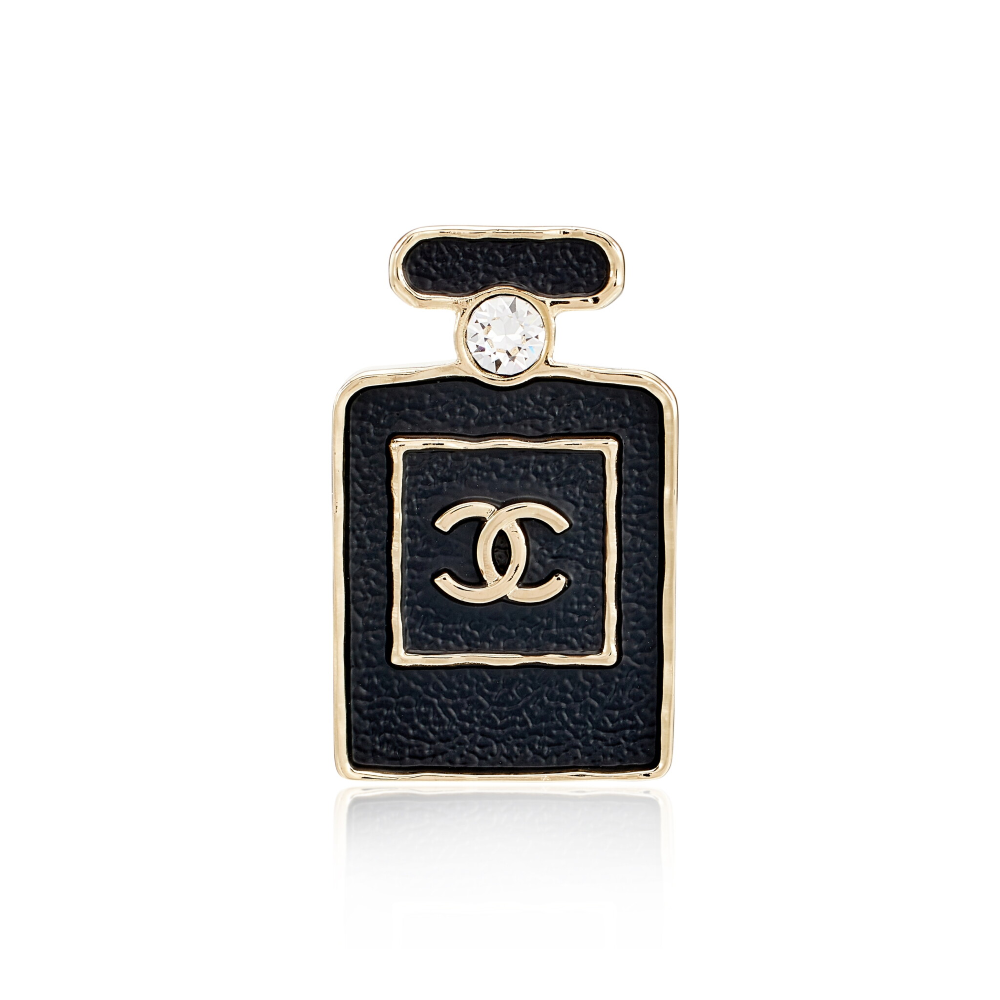 Crystal, Black Leather and Pale Gold Metal CC Perfume Bottle Brooch — view 1