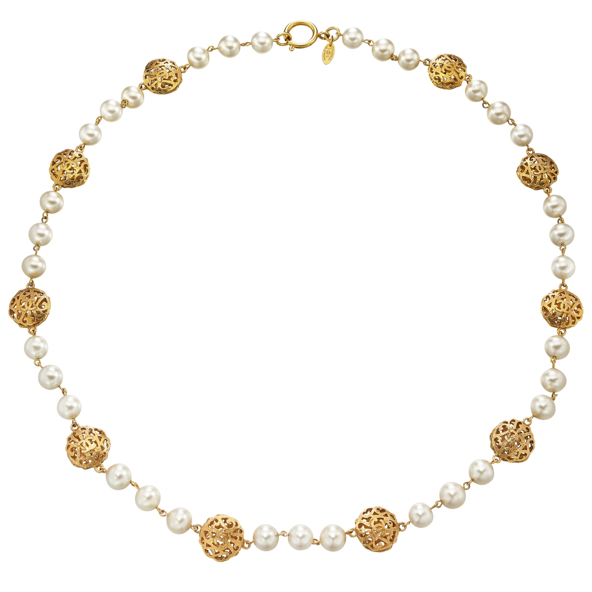 Gold Metal and Imitation Pearl Necklace — view 1