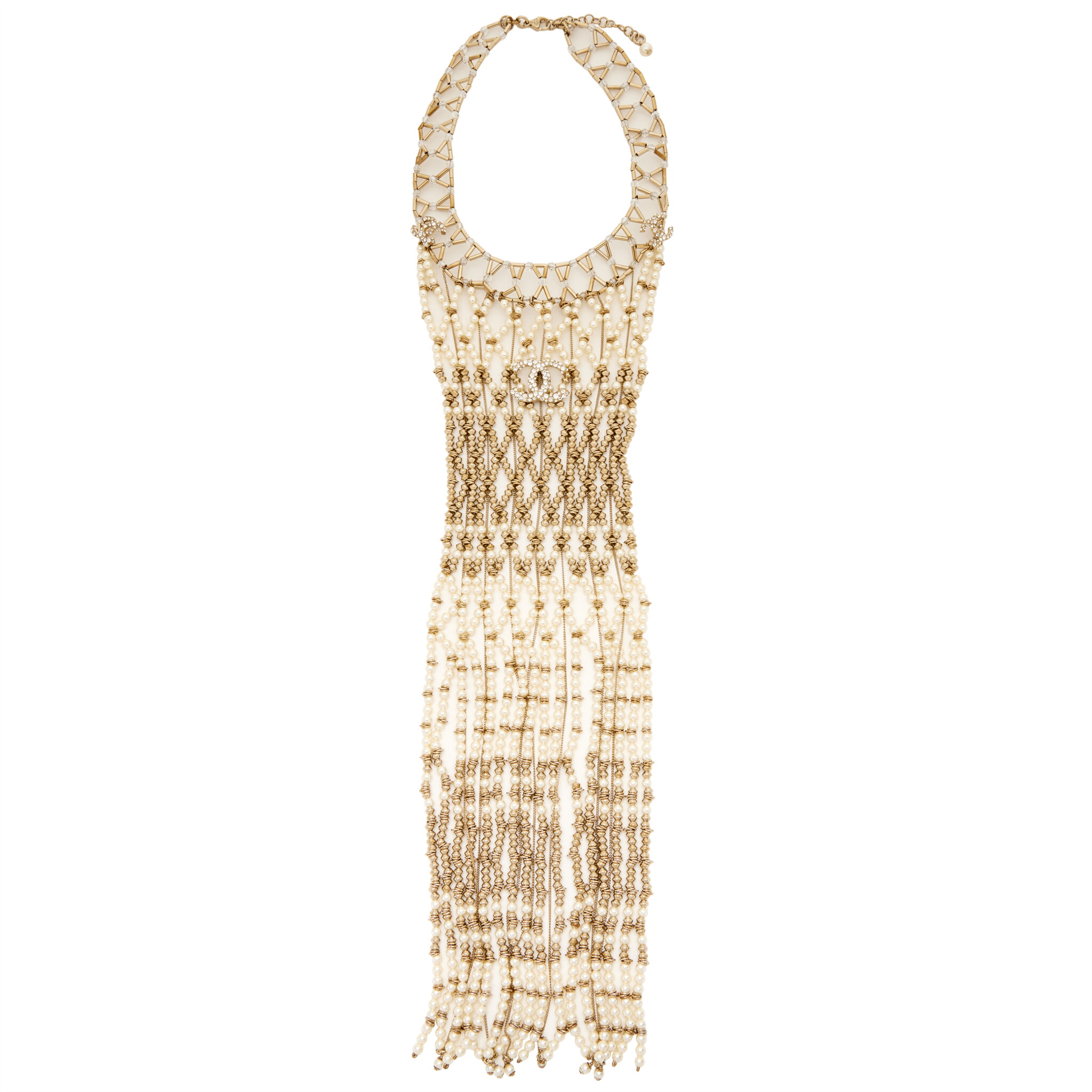 Gold Metal, Crystal, and Imitation Pearl CC Bib Chain Necklace, 2019 — view 1