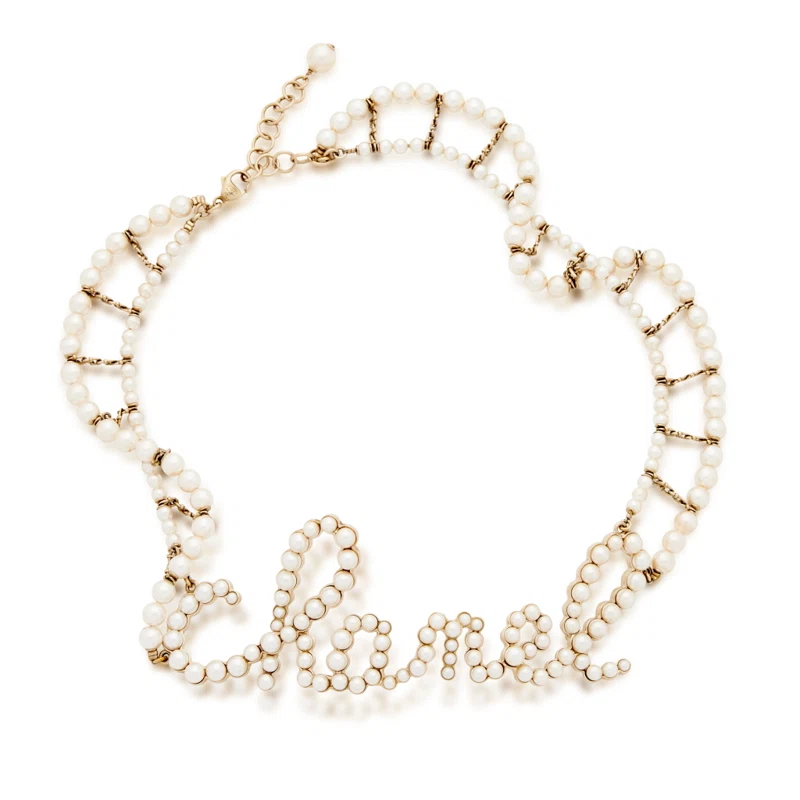 Gold Metal, Imitation Pearl Swirling Logo Letter Necklace, 2019