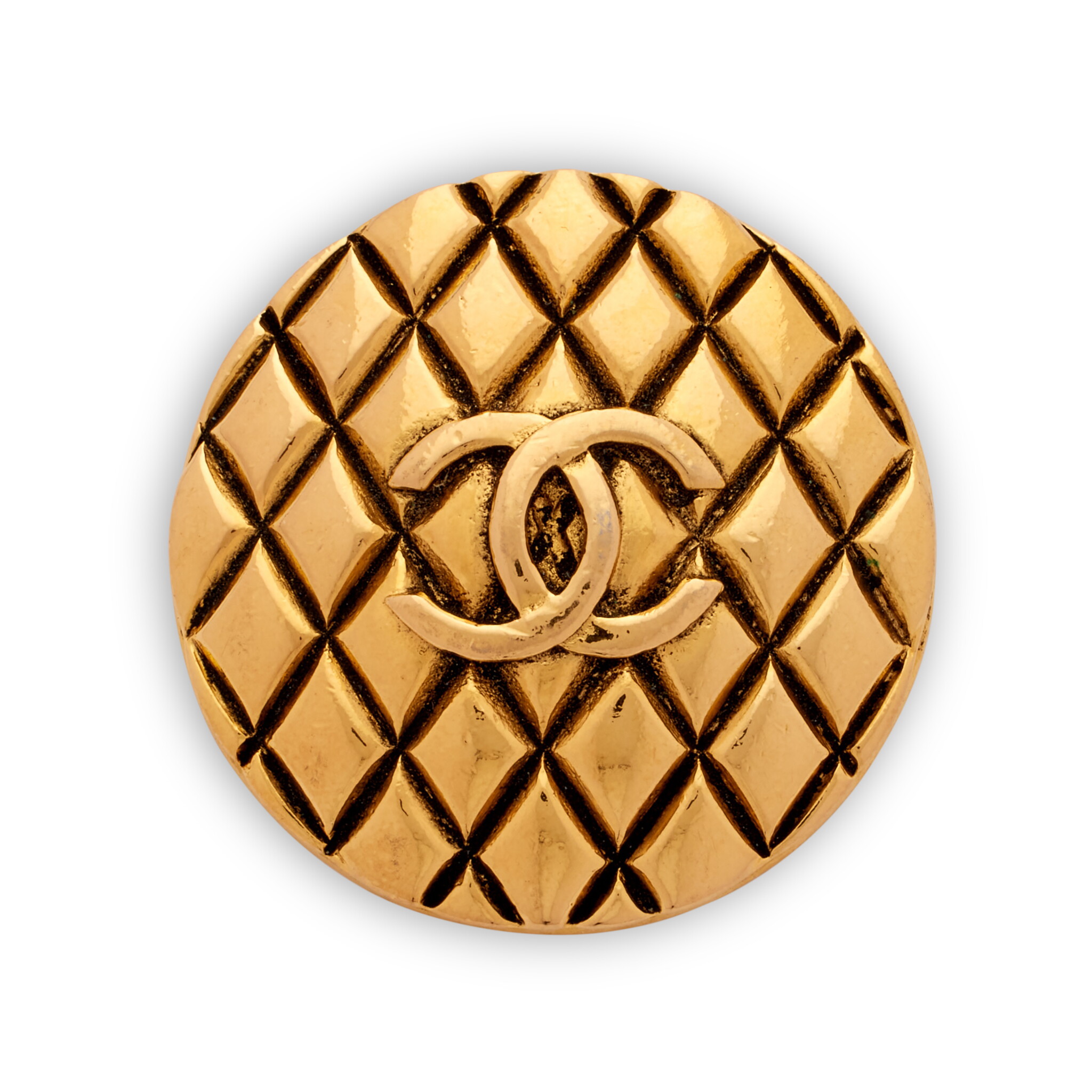 Gold Metal Quilted CC Brooch, 1980s — view 1