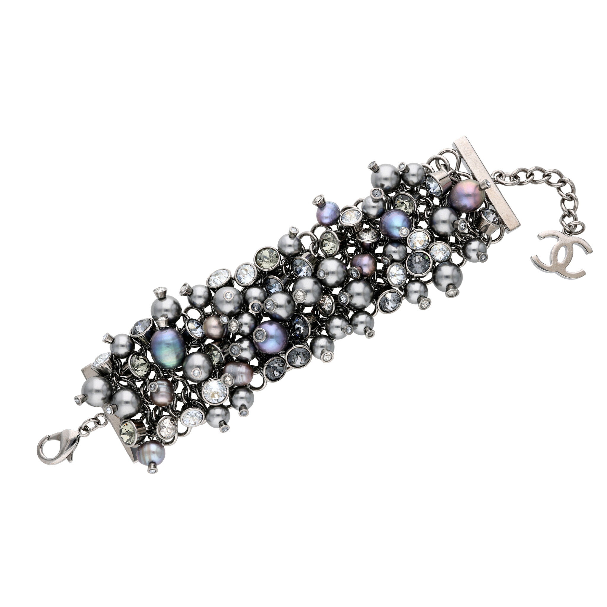 Grey Strass, Oil Slick Imitation Pearl and Ruthenium Bracelet, 2017  — view 1