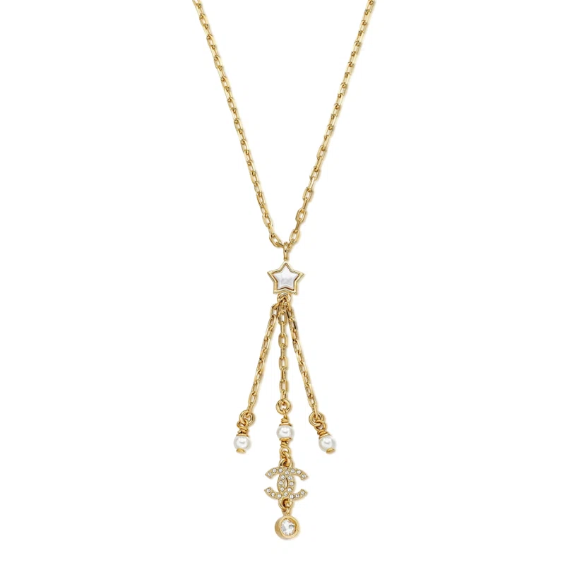 Imitation Pearl, Crystal and Gold Metal Star CC Necklace