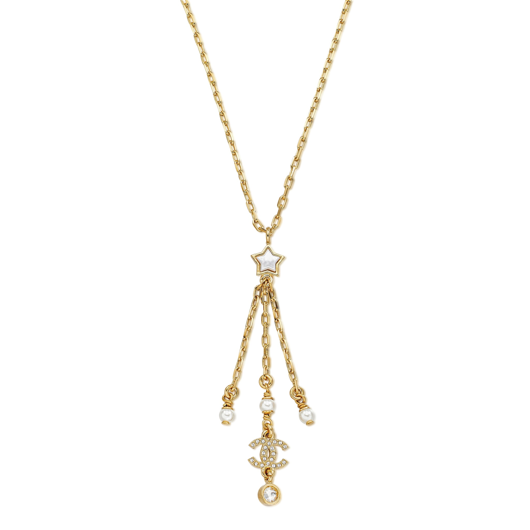 Imitation Pearl, Crystal and Gold Metal Star CC Necklace — view 1