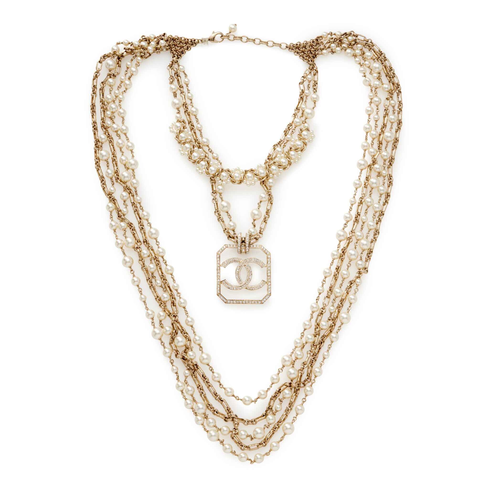 Multi Strand Gold Metal and Imitation Pearl Oversize CC Necklace, 2017 — view 1