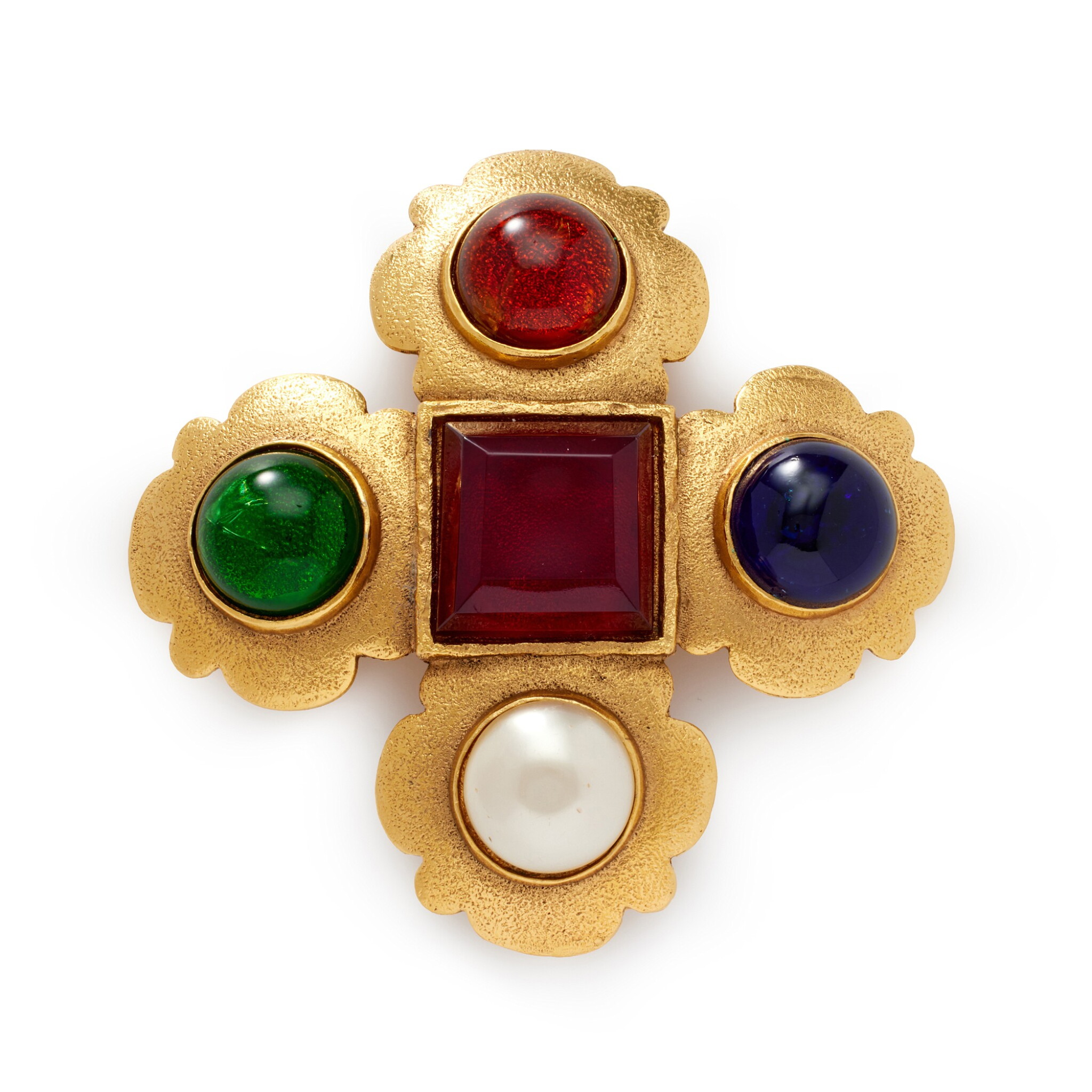 Multicolor Gripoix Glass, Imitation Pearl and Gold Metal Brooch, 1991 — view 1