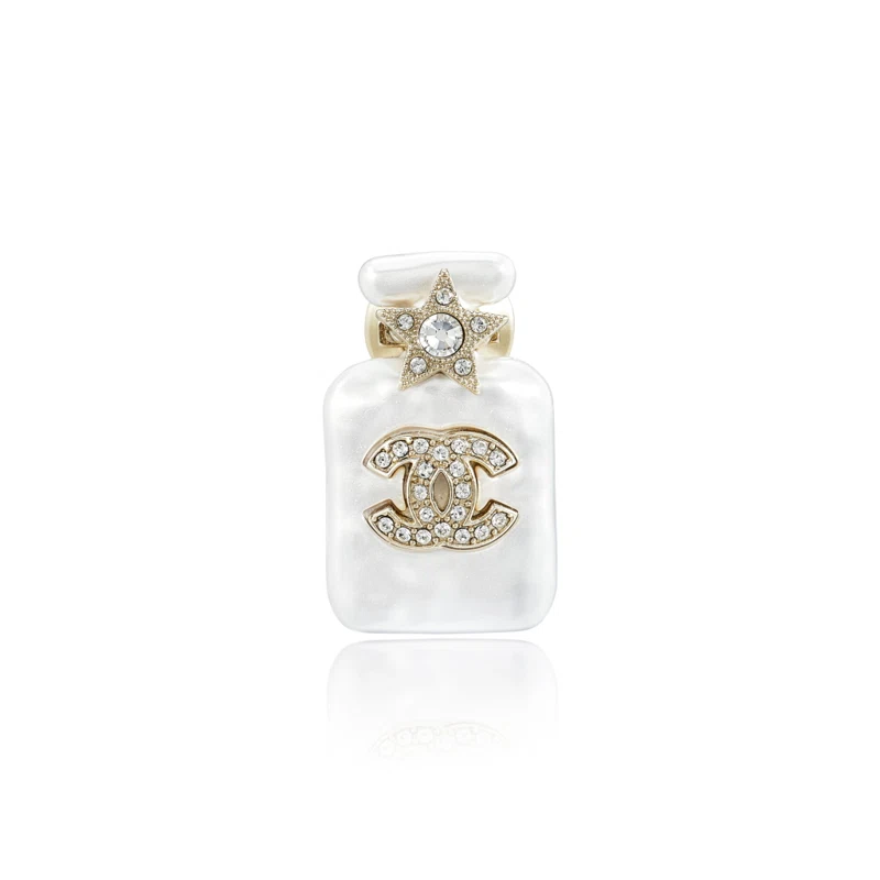 Pearl White Resin, Crystal CC and Star and Gold Metal Perfume Bottle Brooch