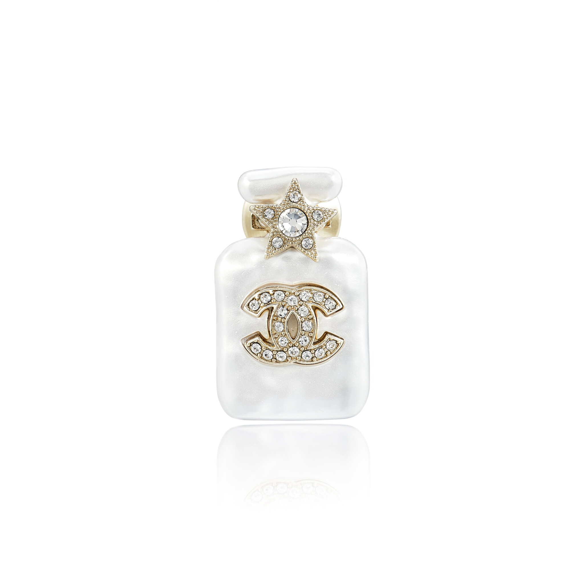 Pearl White Resin, Crystal CC and Star and Gold Metal Perfume Bottle Brooch — view 1