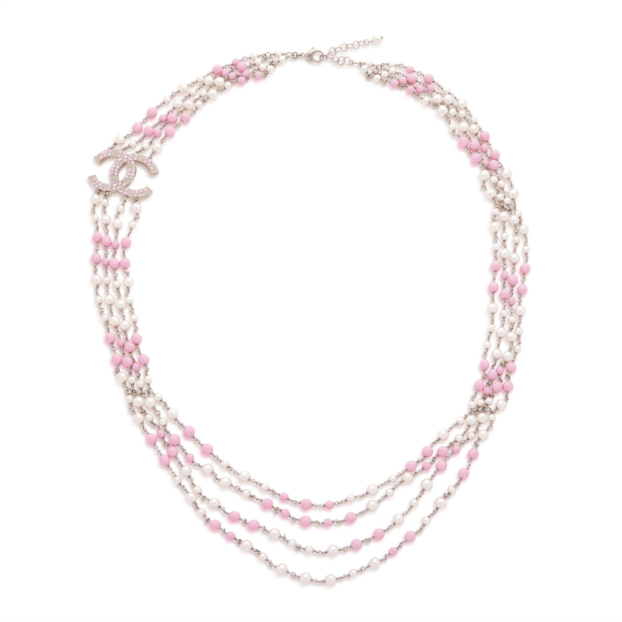 Pink Strass and Imitation Pearl CC Long Necklace, 2022 — view 1