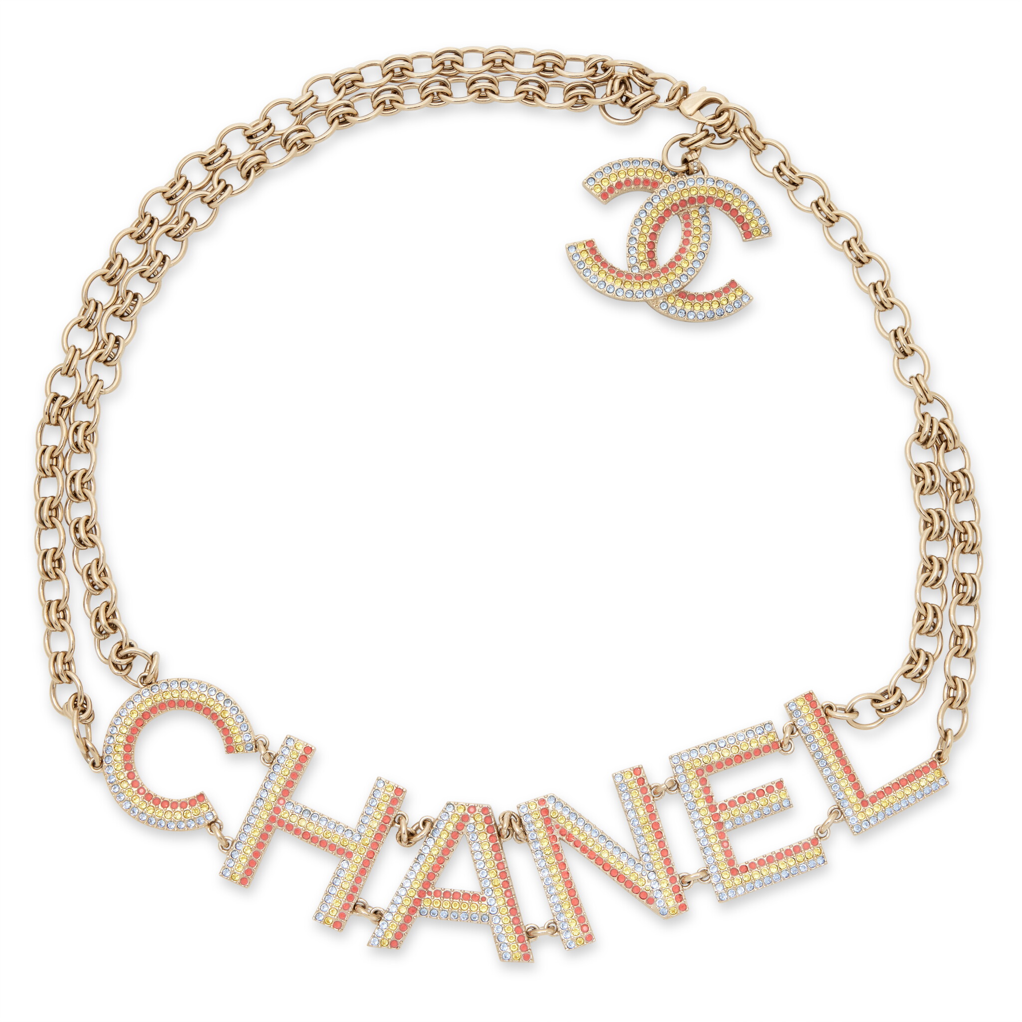 Rainbow Pavé Crystal and Gold Strass Logo Chain Necklace, 2023 — view 1