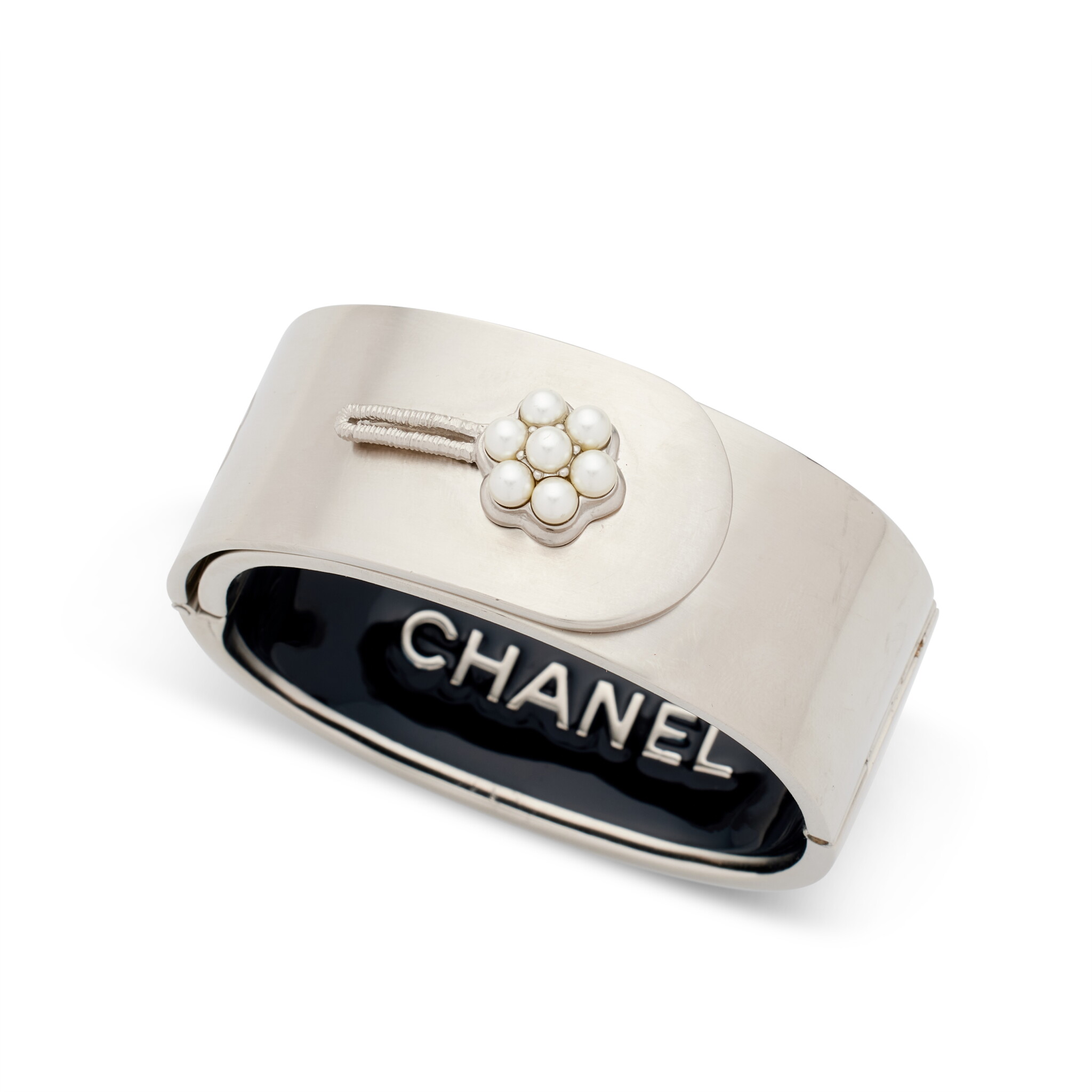 Silver Metal and Faux Pearl Hinged Bangle, 2015 — view 1