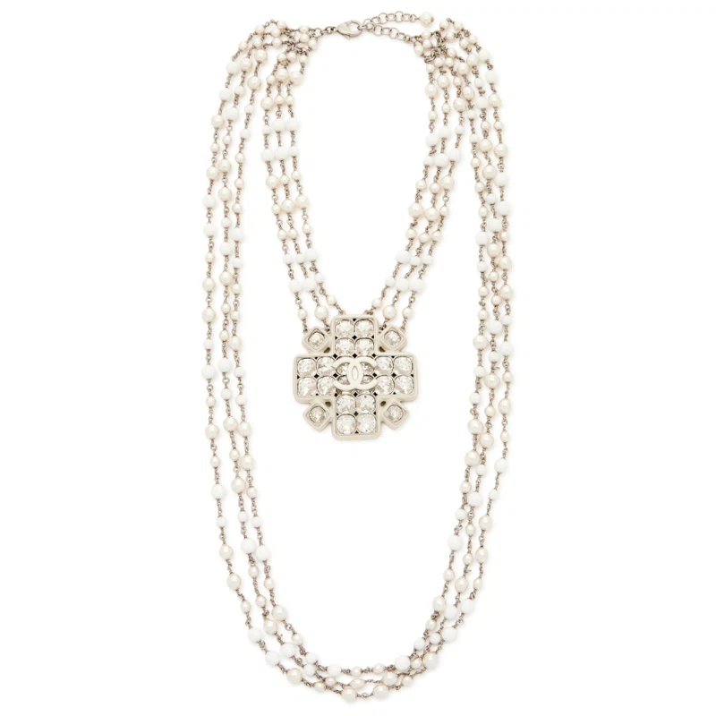 Silver Metal, Imitation Pearl, White Resin, and Crystal CC Long Necklace, 2019