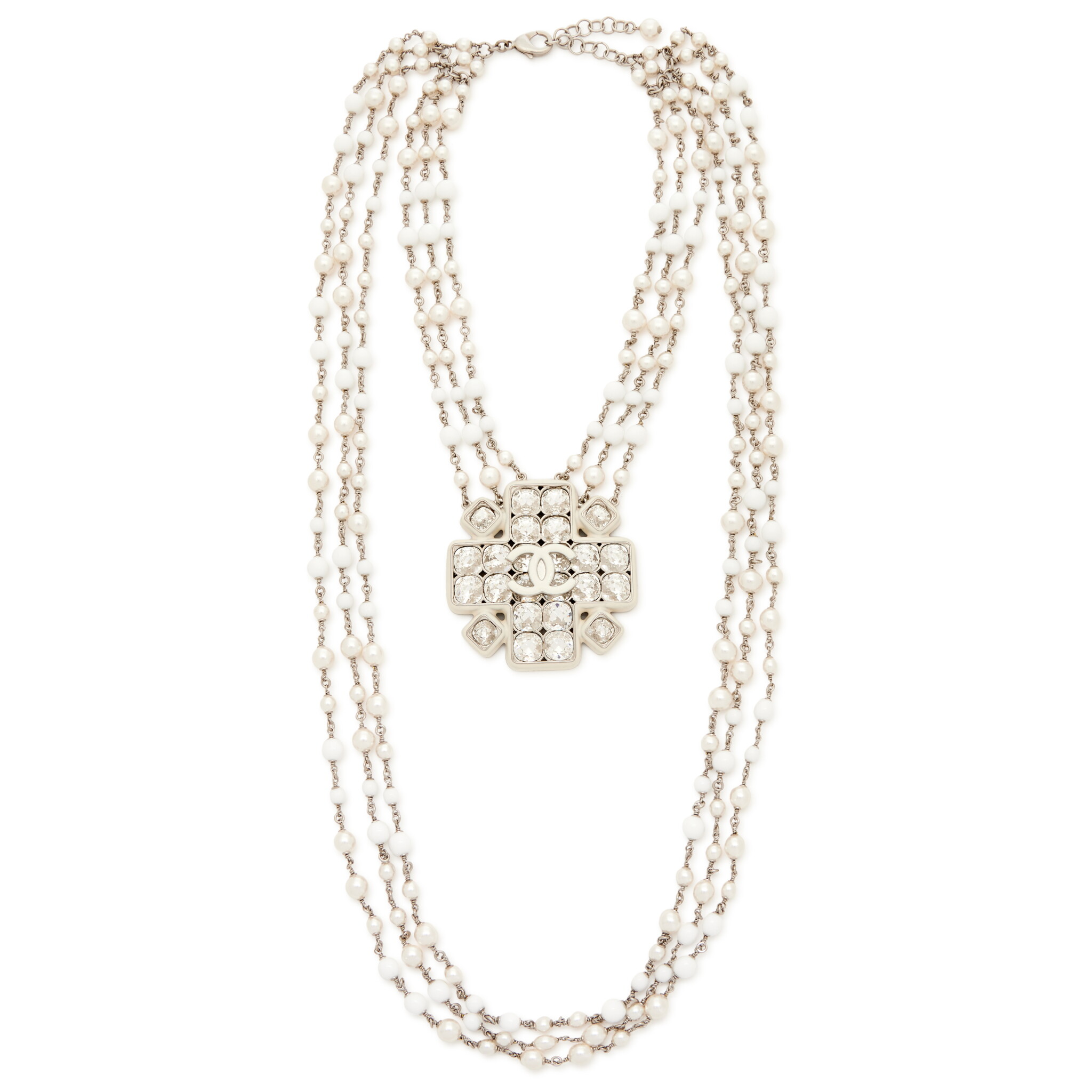 Silver Metal, Imitation Pearl, White Resin, and Crystal CC Long Necklace, 2019 — view 1