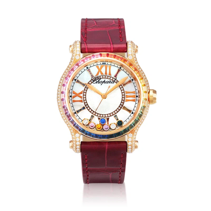 Happy Sport (Reference 4891). A rose gold, diamond and multi-coloured sapphire-set automatic wristwatch with mother-of-pearl dial. Circa 2010