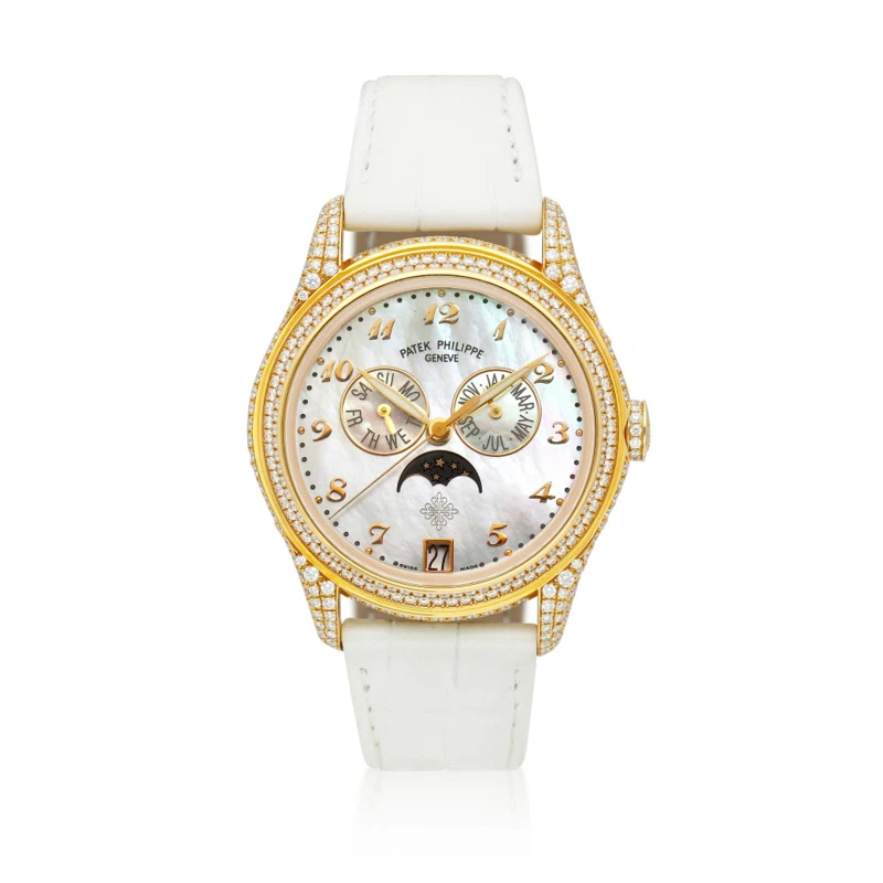 Complications (Reference 4937R). A 37mm rose gold diamond-set automatic wristwatch with annual calendar and moon phase. 2009