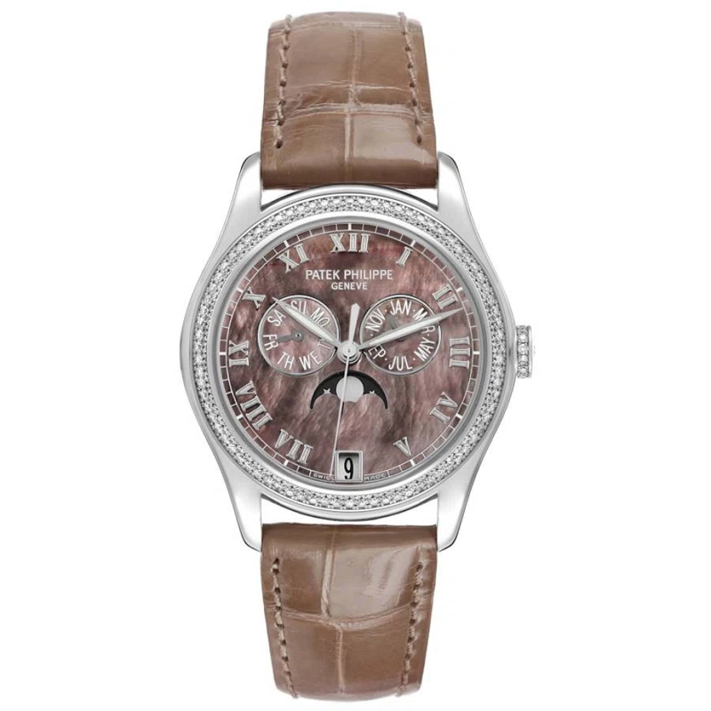 Complications (Reference 4936G-001). A 37mm white gold diamond-set automatic wristwatch with date, day, month, moon phase, and annual calendar. 2013