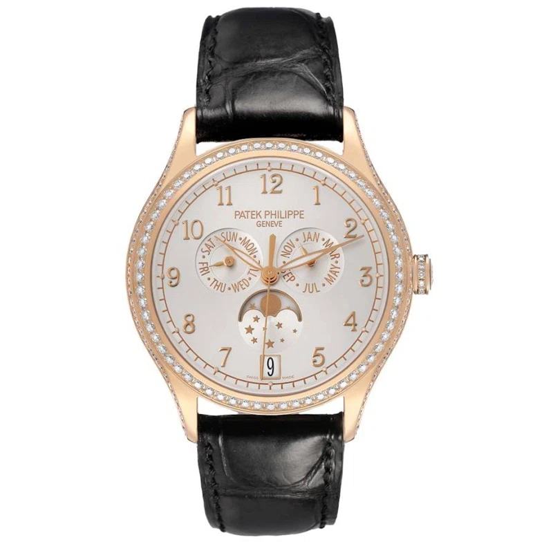 Complications (Reference 4947R-001). A 38mm rose gold diamond-set automatic wristwatch with date, day, month, moon phase, and annual calendar. 2022