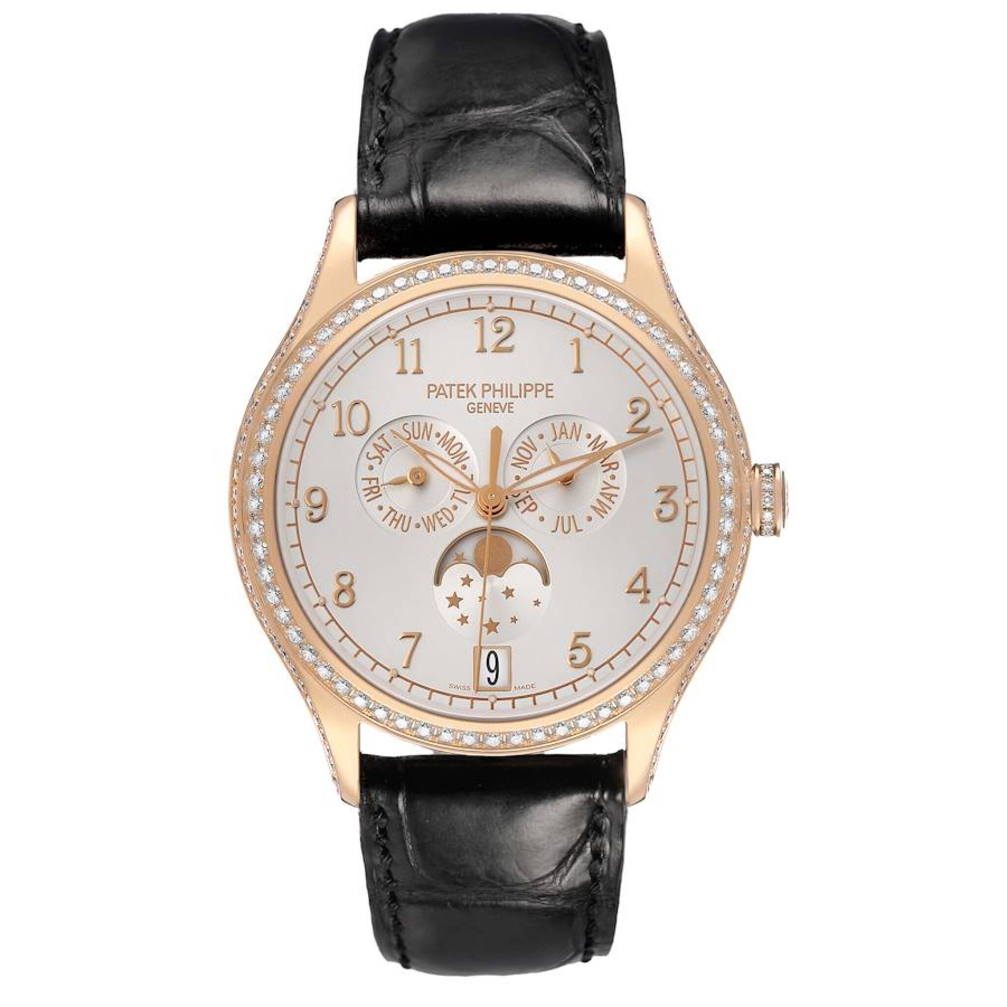 Complications (Reference 4947R-001). A 38mm rose gold diamond-set automatic wristwatch with date, day, month, moon phase, and annual calendar. 2022 — view 1