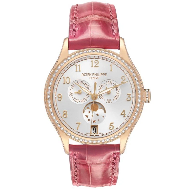 Complications (Reference 4947R-001). A 38mm rose gold diamond-set automatic wristwatch with date, day, month, moon phase, and annual calendar. 2016