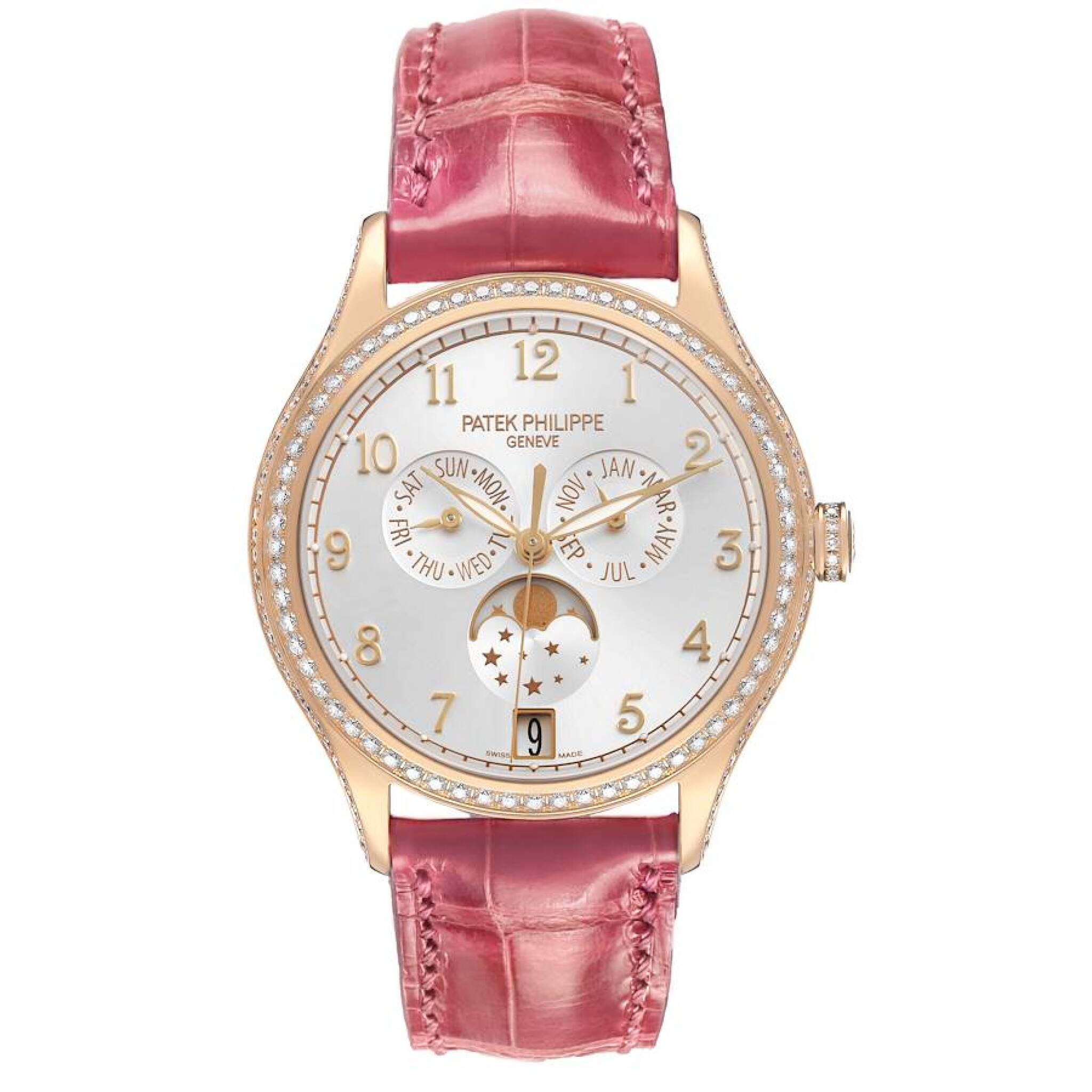 Complications (Reference 4947R-001). A 38mm rose gold diamond-set automatic wristwatch with date, day, month, moon phase, and annual calendar. 2016 — view 1
