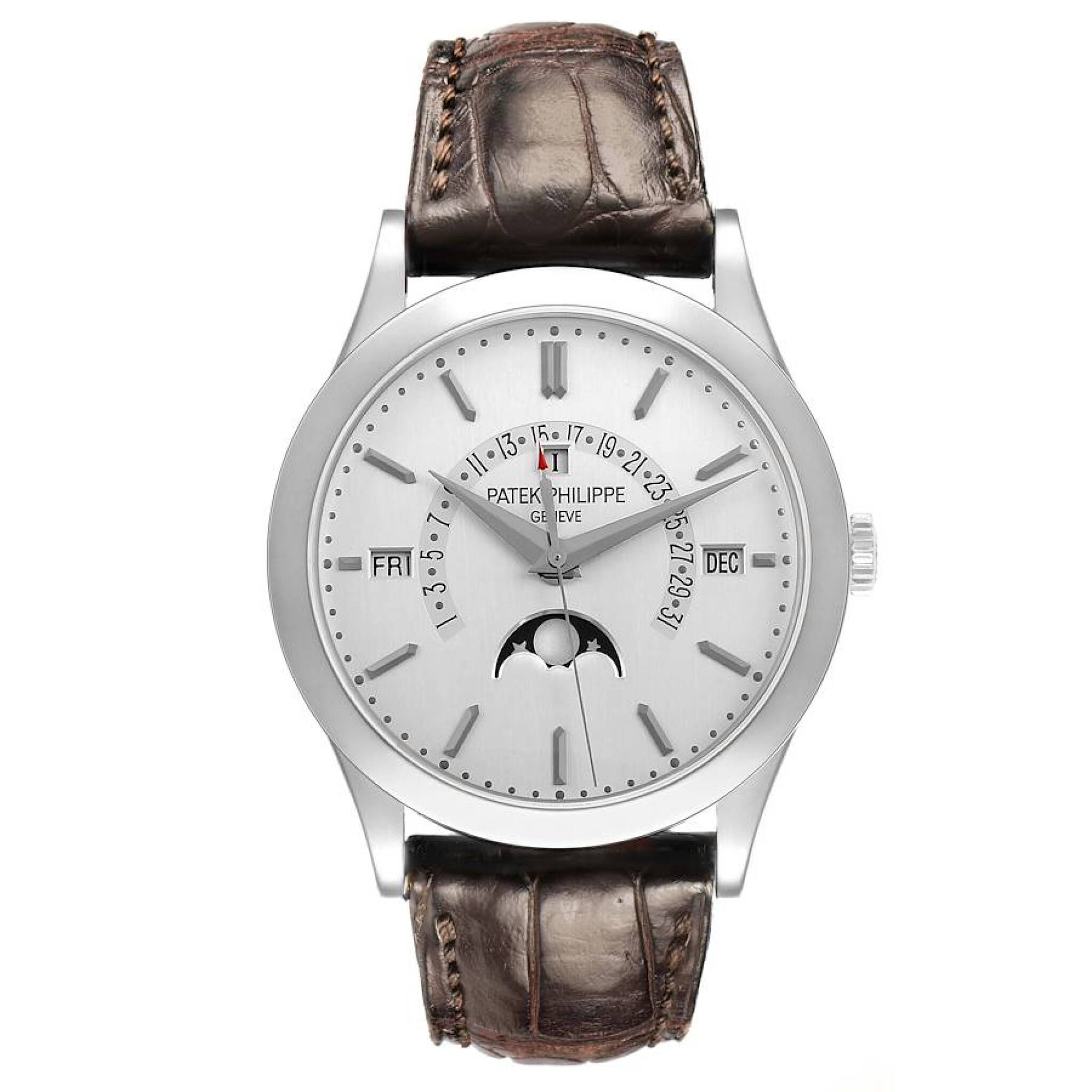 Complications (Reference 5496P-001). A 39.5mm platinum automatic wristwatch with date, day, month, moon phase, leap year, and perpetual calendar. 2012 — view 1
