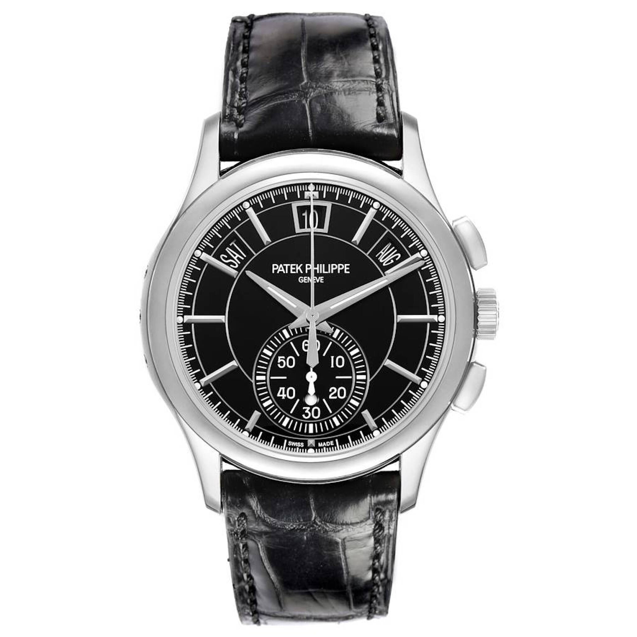 Complications (Reference 5905P-010). A 40mm platinum automatic wristwatch with flyback chronograph and annual calendar. 2017 — view 1