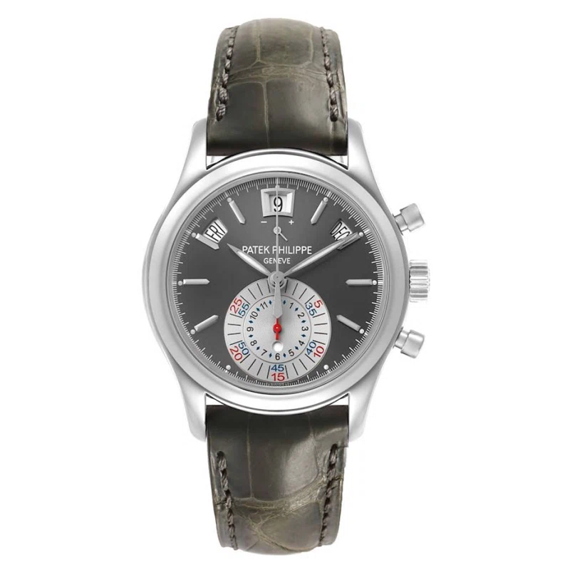 Complications (Reference 5960P-001). A 40mm platinum automatic wristwatch with date, day, month, chronograph, power reserve, and annual calendar.