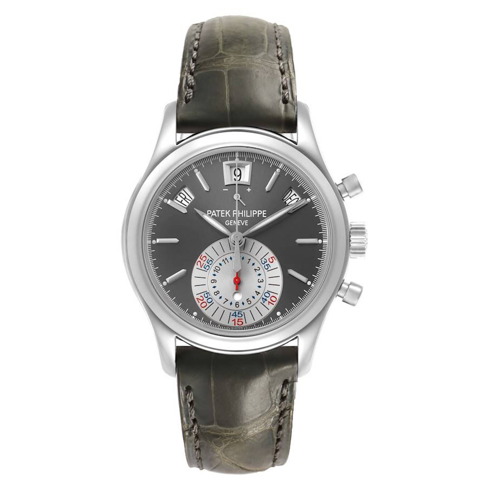 Complications (Reference 5960P-001). A 40mm platinum automatic wristwatch with date, day, month, chronograph, power reserve, and annual calendar. — view 1