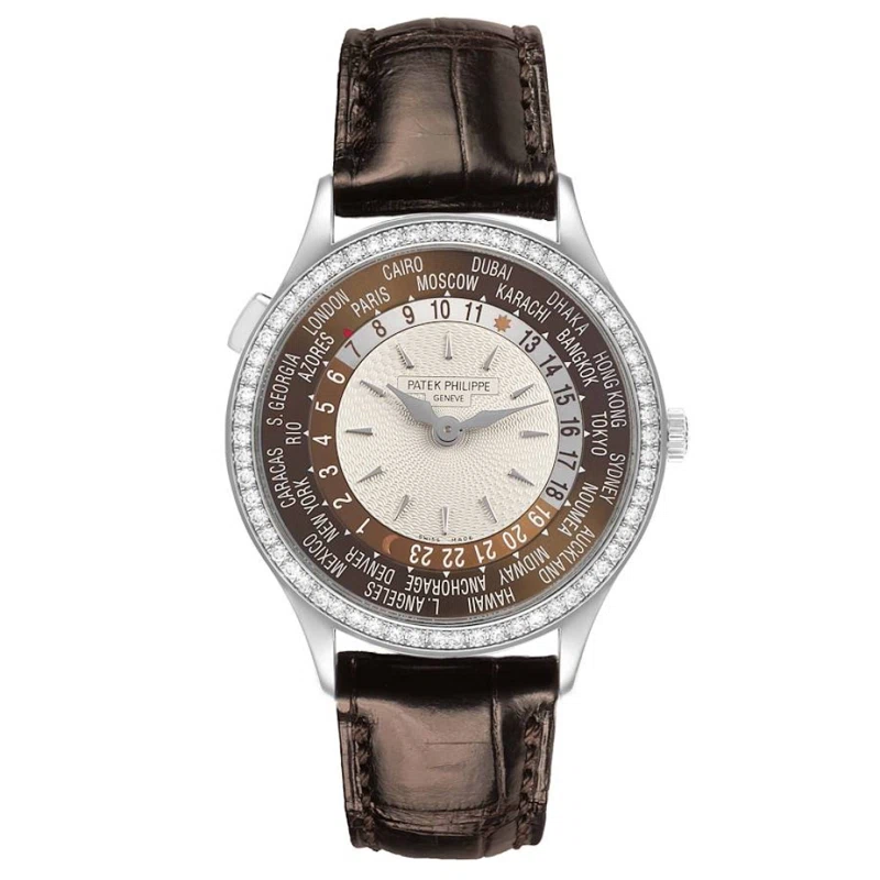 Complications (Reference 7130G-001). A 36mm white gold diamond-set automatic wristwatch with world time. 2015