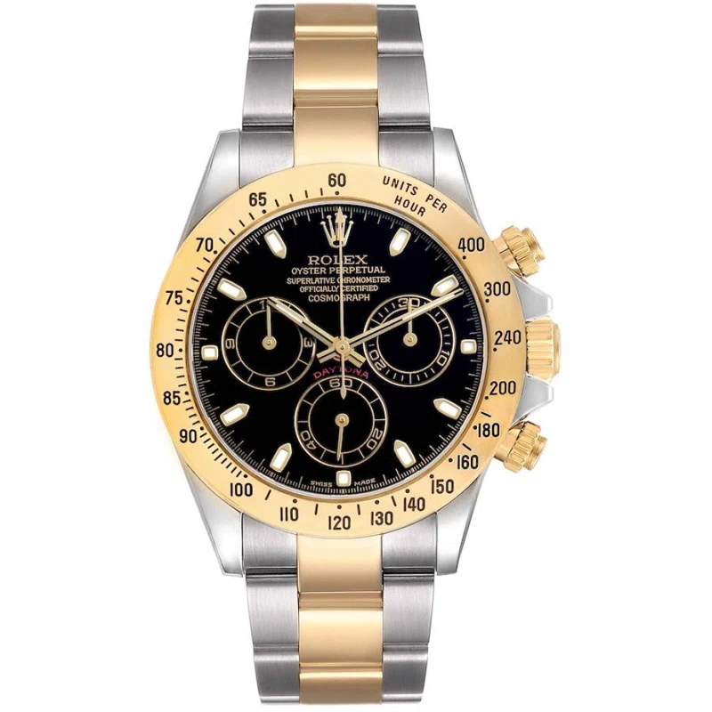 Cosmograph Daytona (المرجع 116523). ساعة يد من الذهب الأصفر والفولاذ المقاوم للصدأ بقطر 40mm، بحركة أوتوماتيكية، مع كرونوغراف. 2005-2006