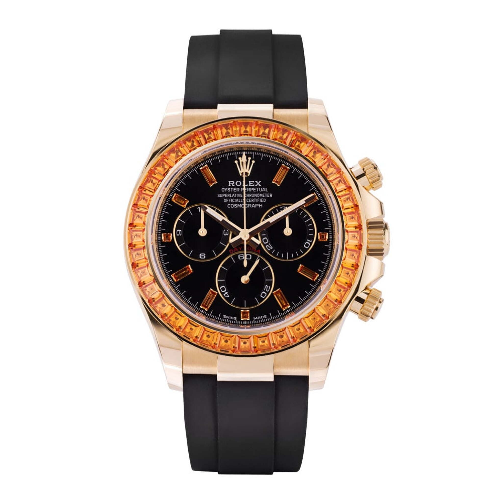 Cosmograph Daytona (Reference 116588SACO). A 40mm yellow gold orange sapphire-set automatic wristwatch with chronograph. 2022 — view 1