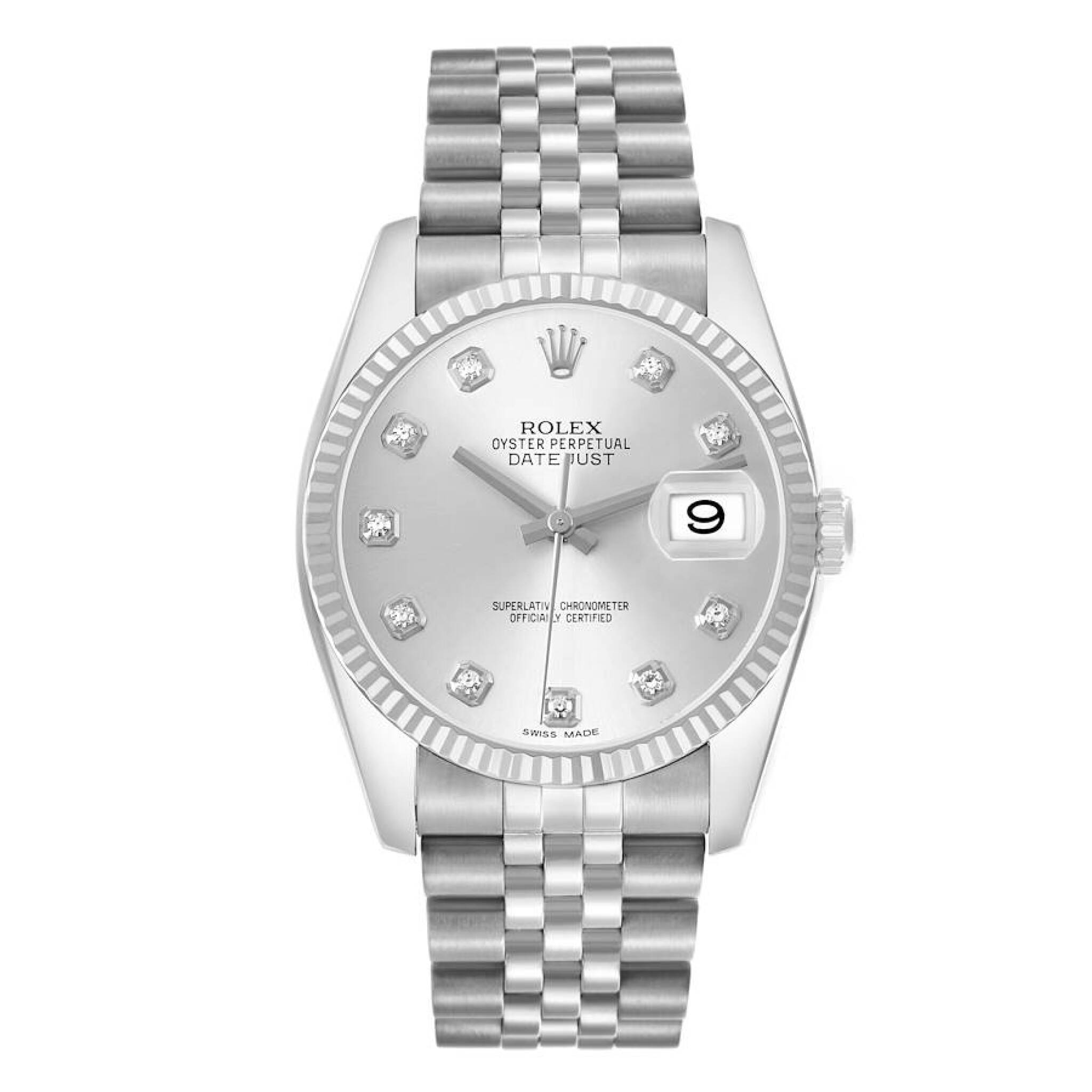 Datejust (Reference 116234). A 36mm white gold stainless steel diamond-set automatic with date. 2013 — view 1