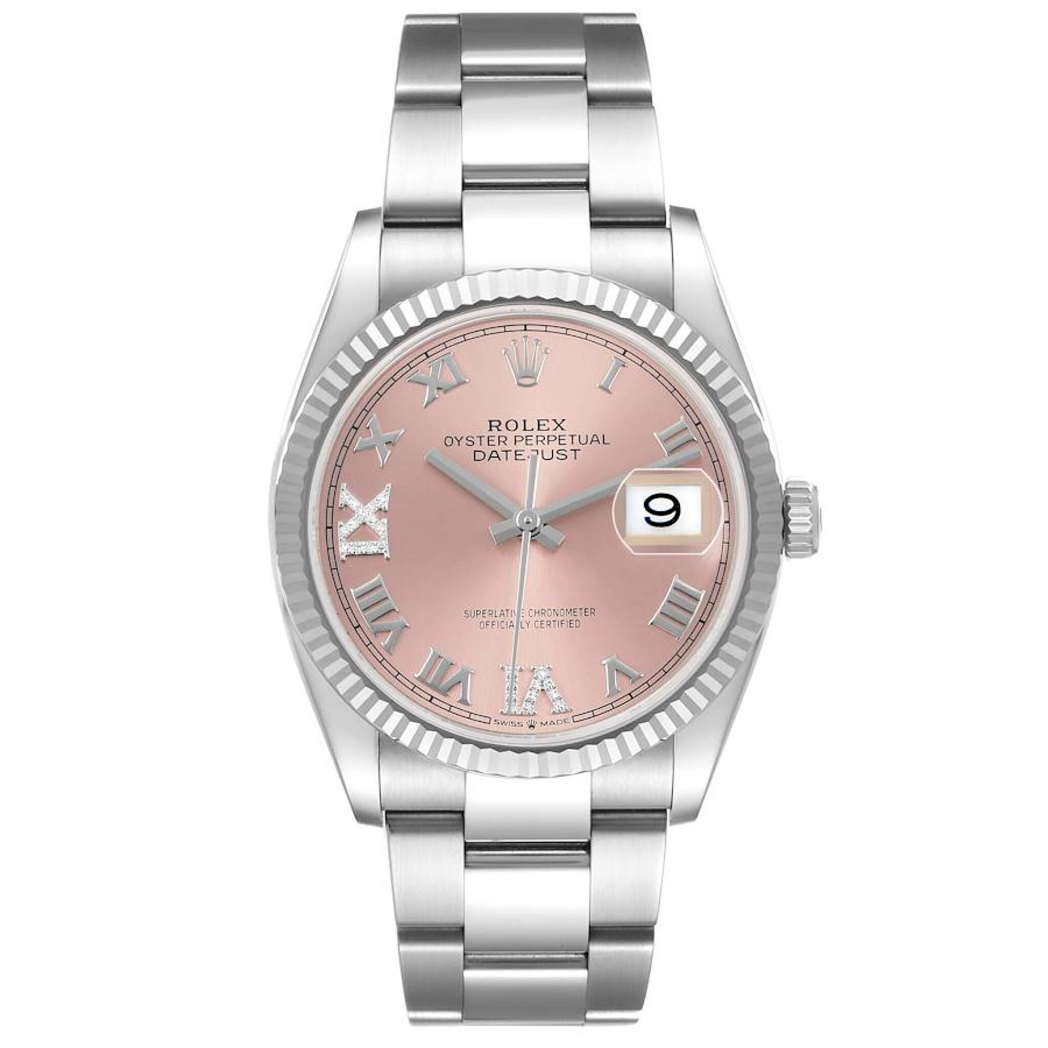 Datejust (Reference 126234). A 36mm white gold stainless steel diamond-set automatic wristwatch with date. 2021 — view 1