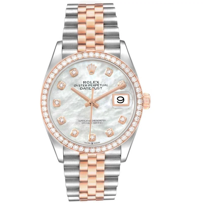 Datejust (Reference 126281RBR). A 36mm rose gold stainless steel diamond-set automatic wristwatch with date.