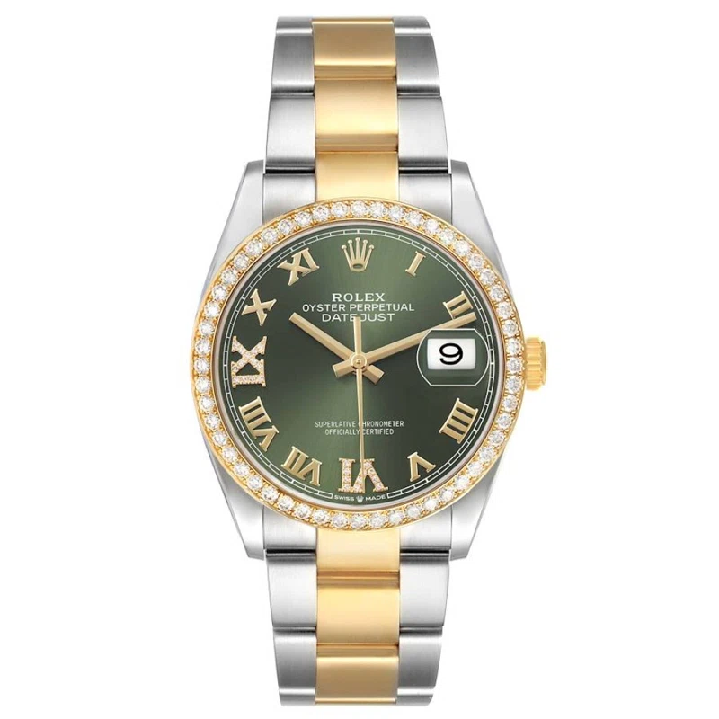 Datejust (Reference 126283). A 36mm yellow gold stainless steel diamond-set automatic wristwatch with date.