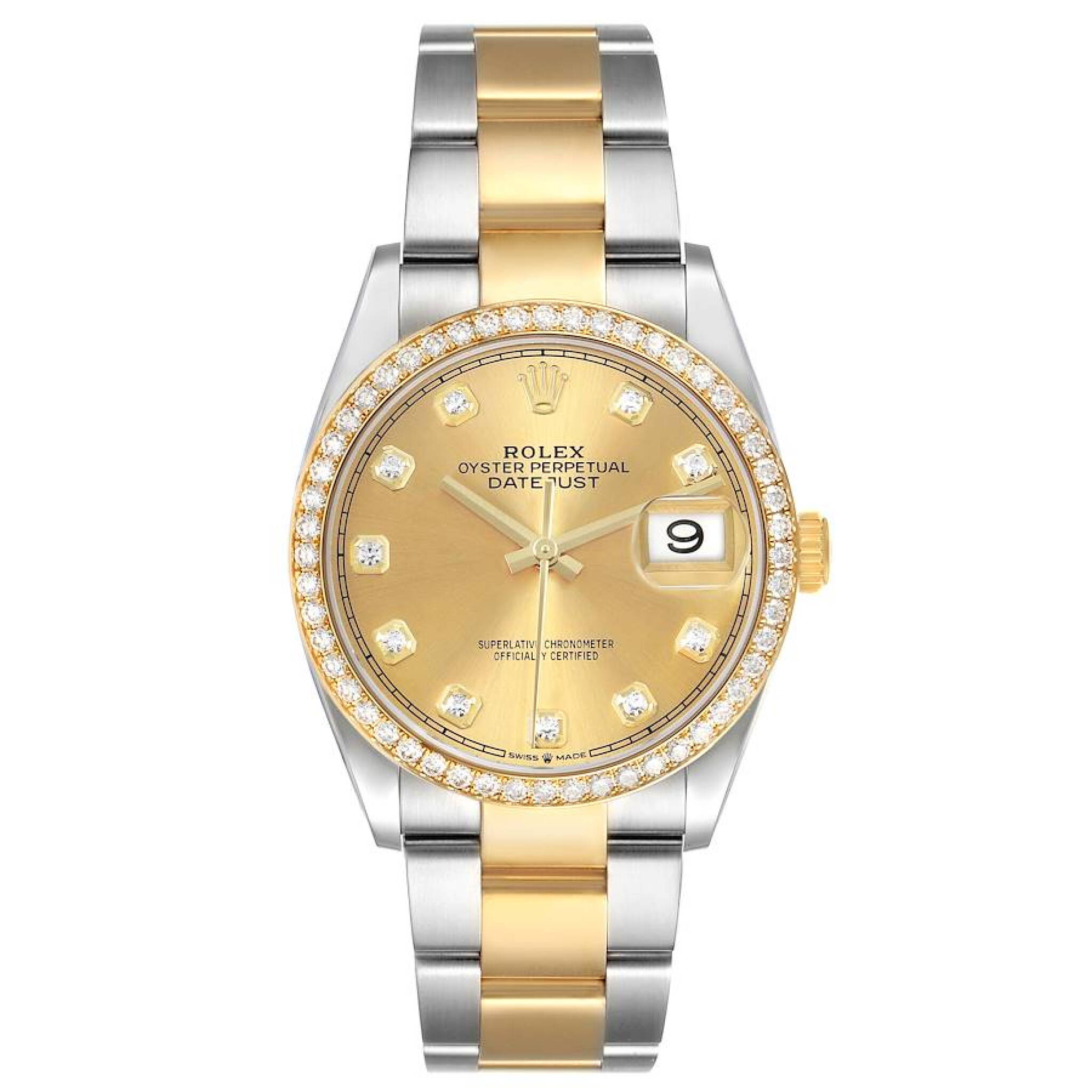 Datejust (Reference 126283RBR). A 36mm yellow gold stainless steel diamond-set automatic wristwatch with date. 2021 — view 1