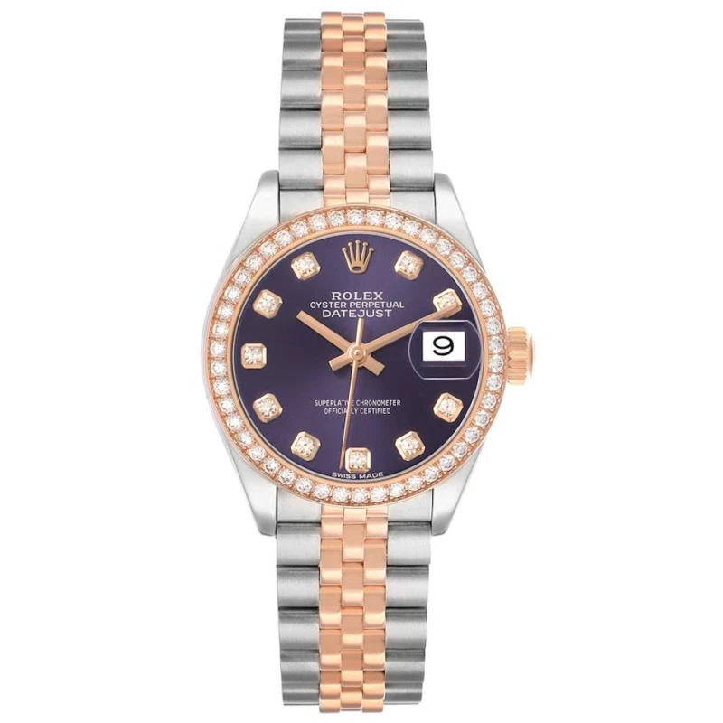 Datejust (Reference 279381). A 28mm stainless steel rose gold diamond-set automatic wristwatch with date.