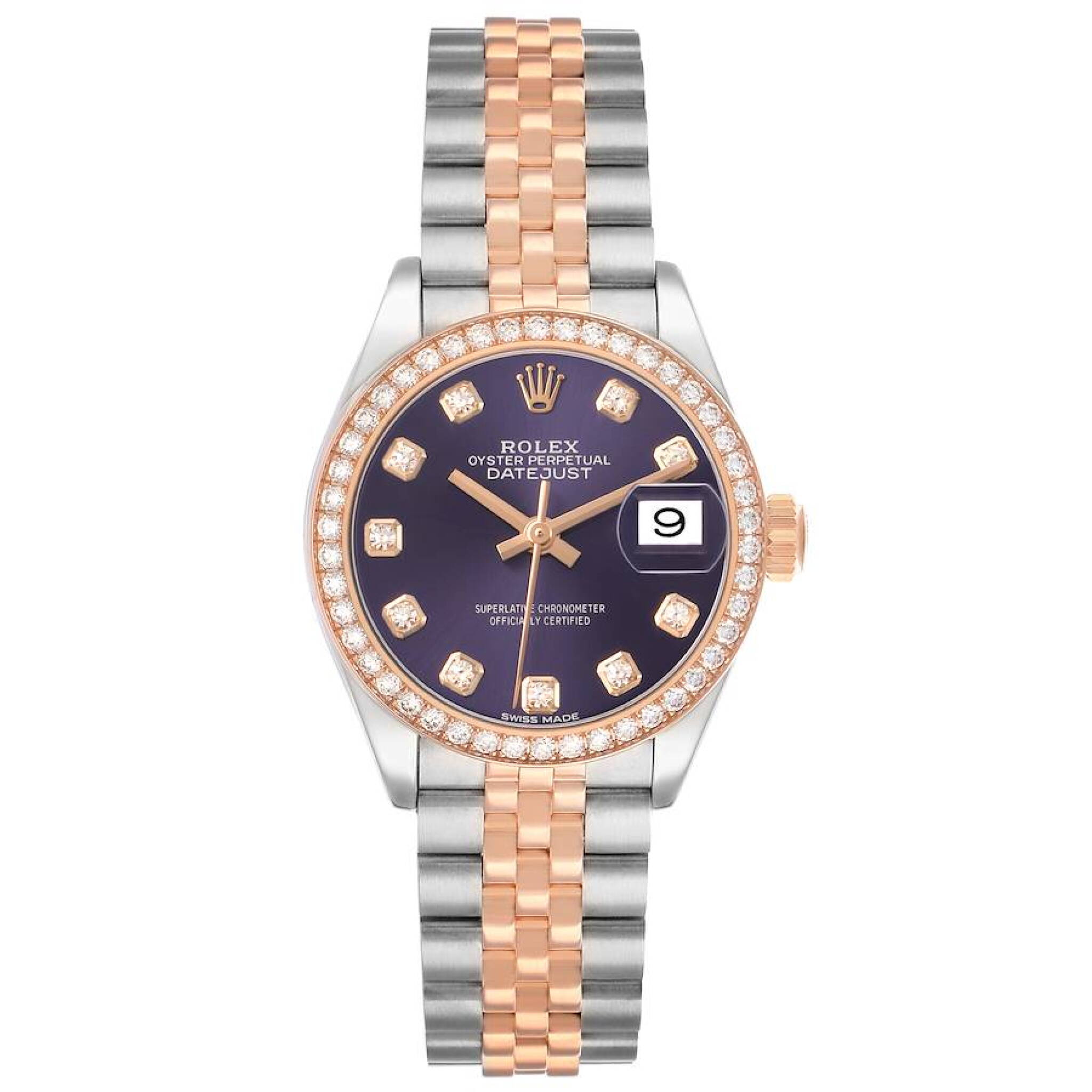 Datejust (Reference 279381). A 28mm stainless steel rose gold diamond-set automatic wristwatch with date. — view 1
