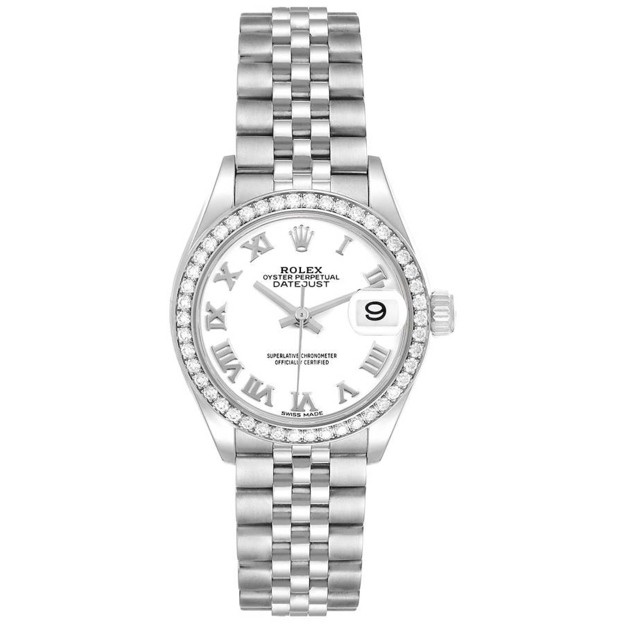 Datejust (Reference 279384). A 28mm stainless steel white gold diamond-set automatic wristwatch with date. — view 1