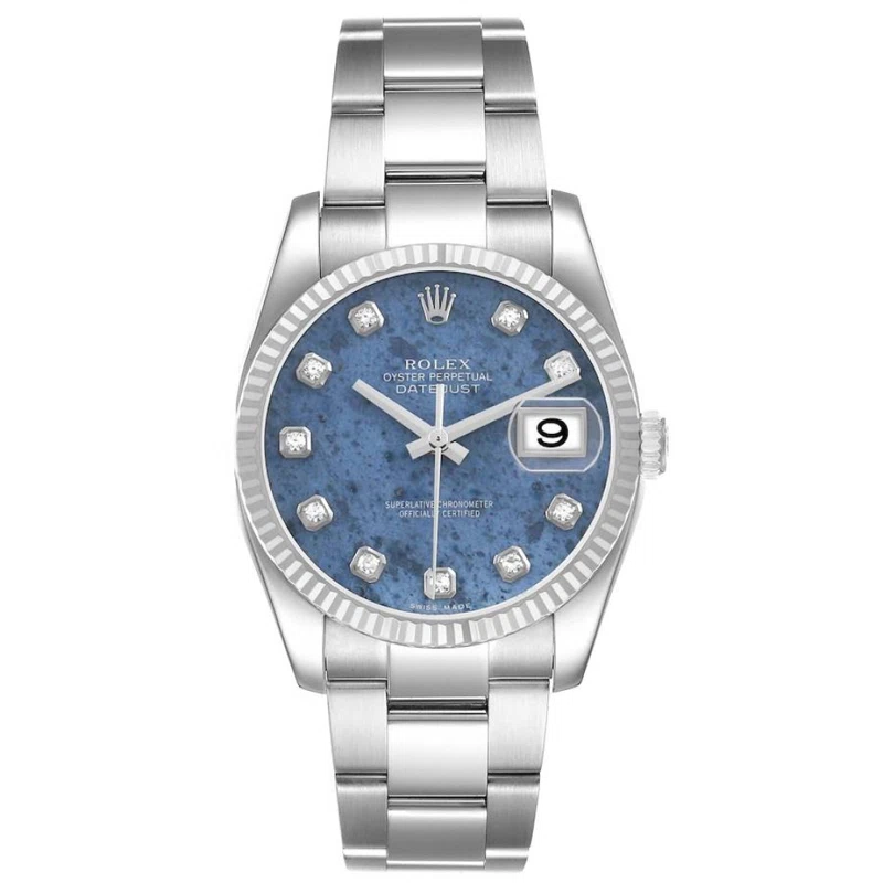 Datejust Sodalite Dial (Reference 116234). A 36mm white gold stainless steel diamond-set automatic wristwatch with date. 2008